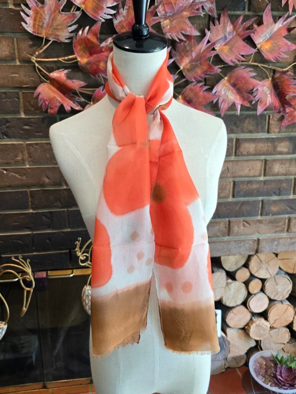 Vintage Silk Scarf, Hand‑Dyed Abstract Design, Orange-Coral, Ivory & Brown​ - Picture 2 of 5